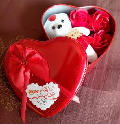 Gift Vista Artificial Red Rose & Teddy Bear in Heart Shape Metal Gift Box | Valentine Gifts