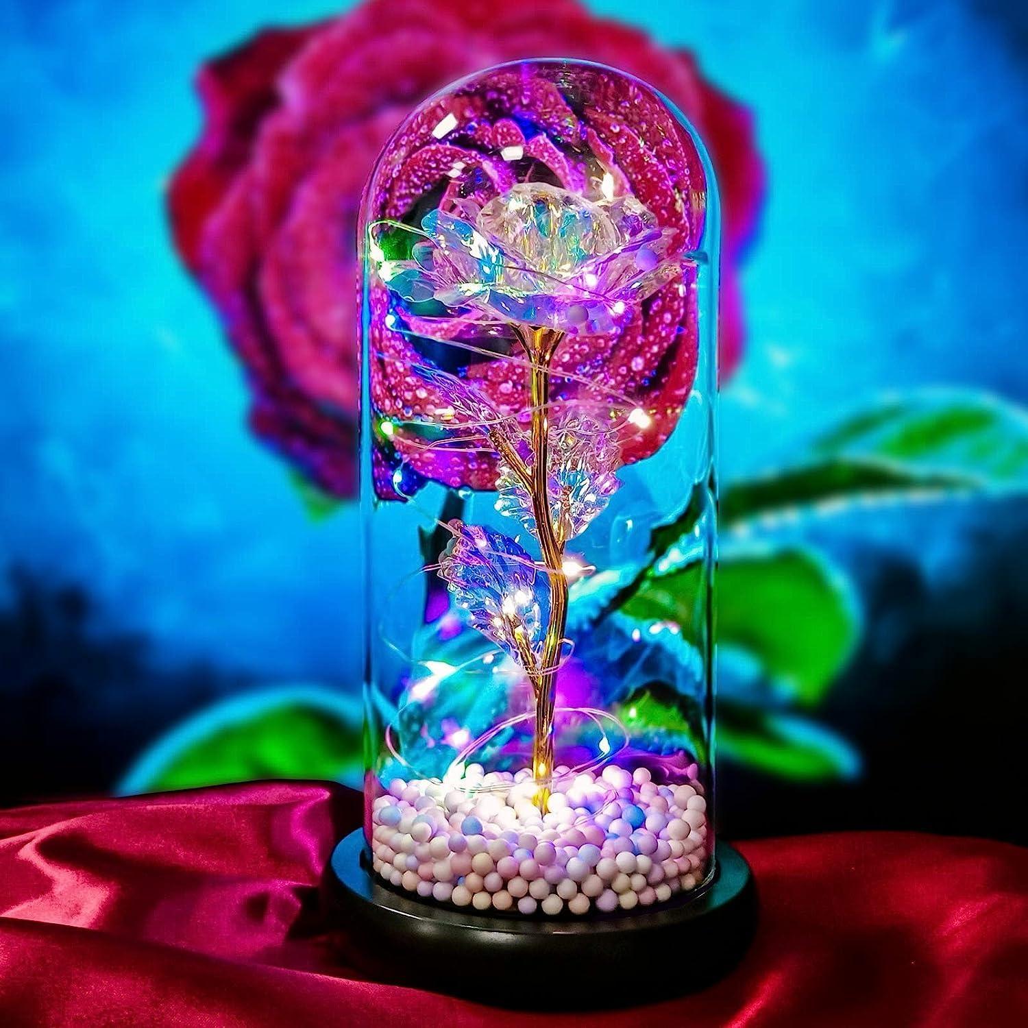 Rose Flower Gift, Rainbow Forever Rose in Glass Dome, Rose Light Up Flower, Personalized Gifts for Mom, Sisters, Friend, Women, Valentine's Day, Birthday, Wedding, Anniversary