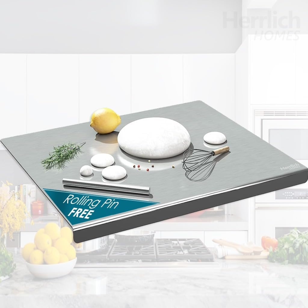 Stainless Steel Chopping Board with Lip for Kitchen | Free Rollin Pin | Non Slip| Rust Proof | Easy to use| Round Edge| For Cutting Vegetables, Meat,Fish,Fruits | Medium |