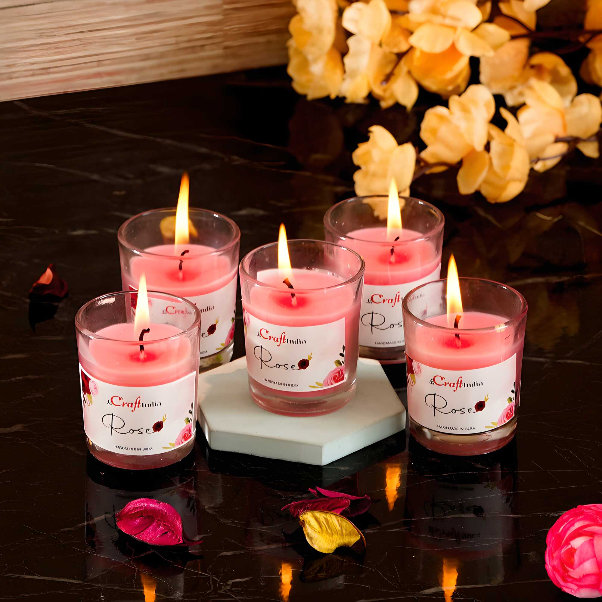 Glass Vanilla Scented Candles for Home Decor - Candles for Diwali Christmas Birthday Valentine's Day (Rose (Pack of 5))