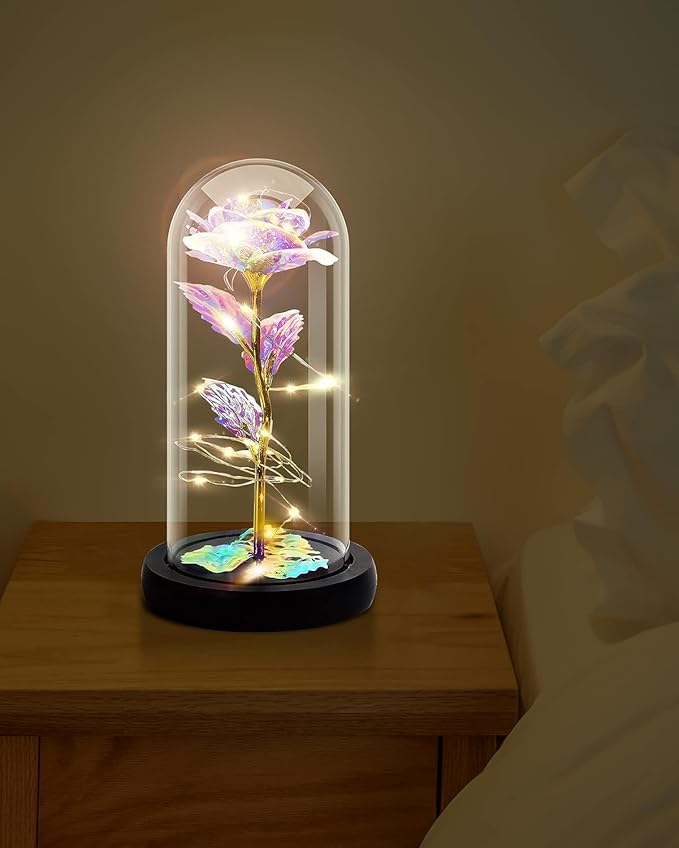 Rose Flower Gift, Rainbow Forever Rose in Glass Dome, Rose Light Up Flower, Personalized Gifts for Mom, Sisters, Friend, Women, Valentine's Day, Birthday, Wedding, Anniversary