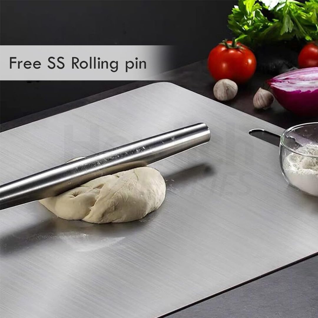 Stainless Steel Chopping Board with Lip for Kitchen | Free Rollin Pin | Non Slip| Rust Proof | Easy to use| Round Edge| For Cutting Vegetables, Meat,Fish,Fruits | Medium |