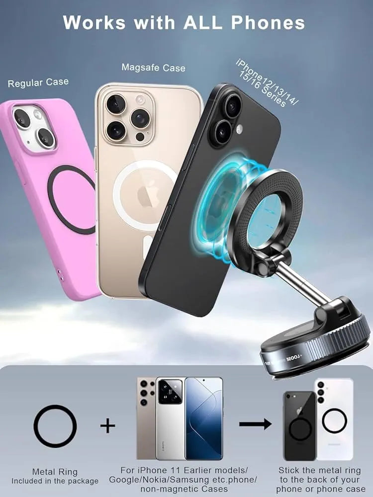 Magnetic Mobile Holder For Dashboard Vacuum Suction Phone Holder Mount Hand Free Magnetic Cell Phone Stand With Strong Grip Shockproof Suction Cup Mount For Car Gym Office Table - Black | magnetic car holder