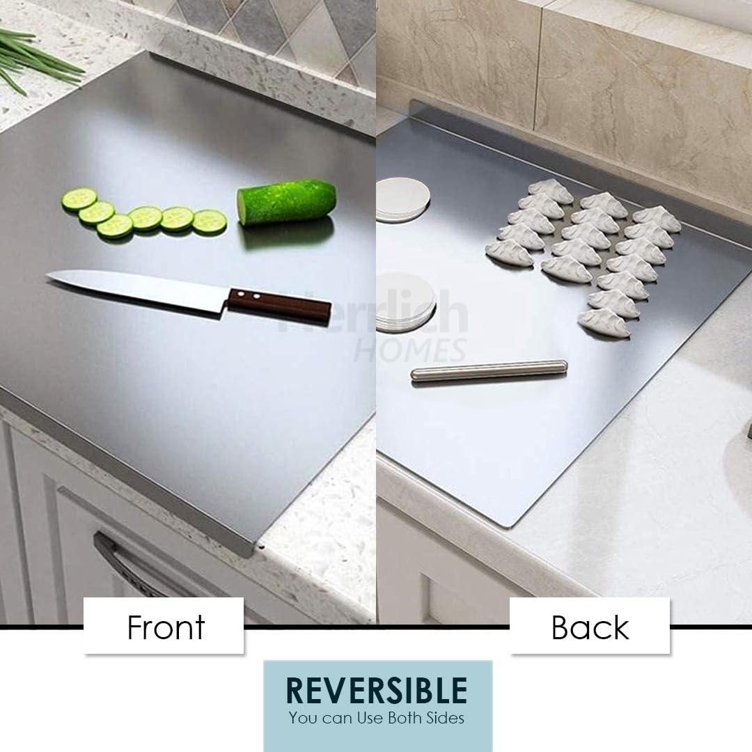 Stainless Steel Chopping Board with Lip for Kitchen | Free Rollin Pin | Non Slip| Rust Proof | Easy to use| Round Edge| For Cutting Vegetables, Meat,Fish,Fruits | Medium |