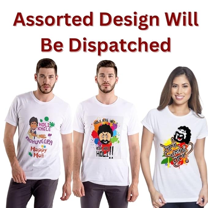 Luxe Cart Happy Holi Tshirt for Unisex, Holi Quote Prined Round Neck T-Shirt for Men Women (White Regulat Fit)