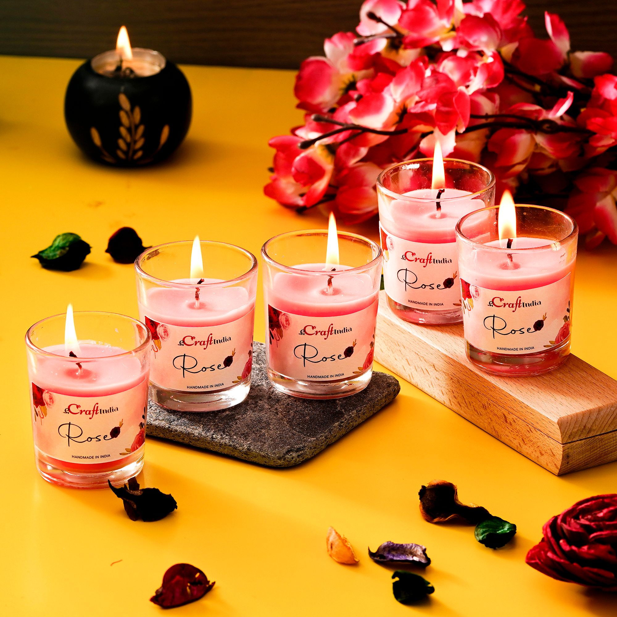 Glass Vanilla Scented Candles for Home Decor - Candles for Diwali Christmas Birthday Valentine's Day (Rose (Pack of 5))