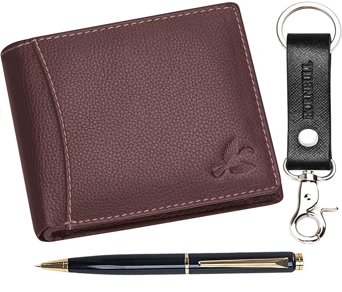 Brown Mens Leather Wallet, Keyring & Pen Combo Gift Set for Men | Wallet Men Leather Branded for valentine