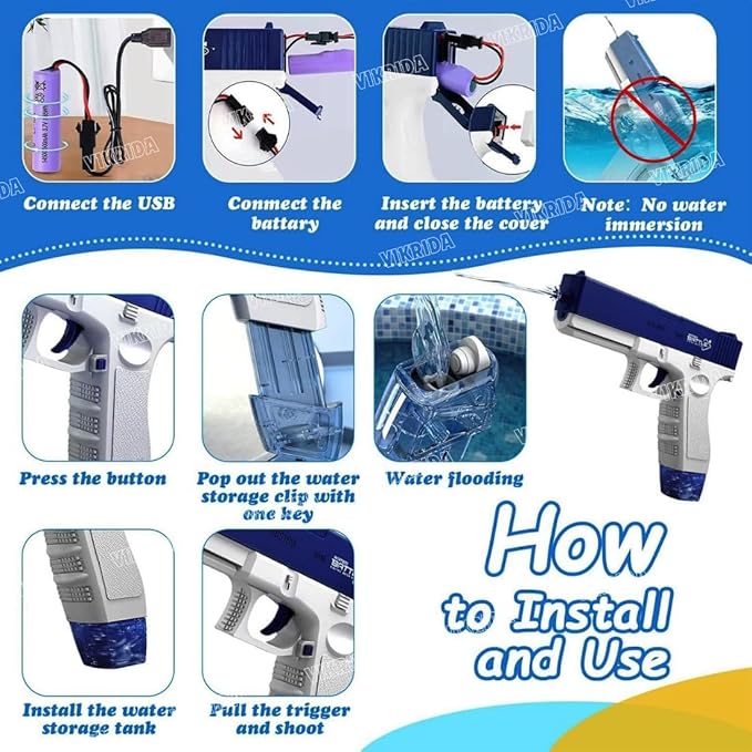 Luxe Cart High Pressure Holi Pichkari Electric Water Blaster Gun, Automatic Squirt Gun with 300CC Excellent Range 25-32 Feet with 1 Water Clip - Blue