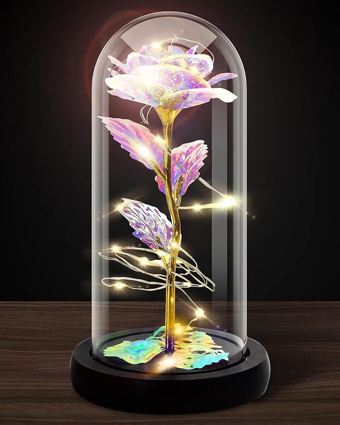 Rose Flower Gift, Rainbow Forever Rose in Glass Dome, Rose Light Up Flower, Personalized Gifts for Mom, Sisters, Friend, Women, Valentine's Day, Birthday, Wedding, Anniversary