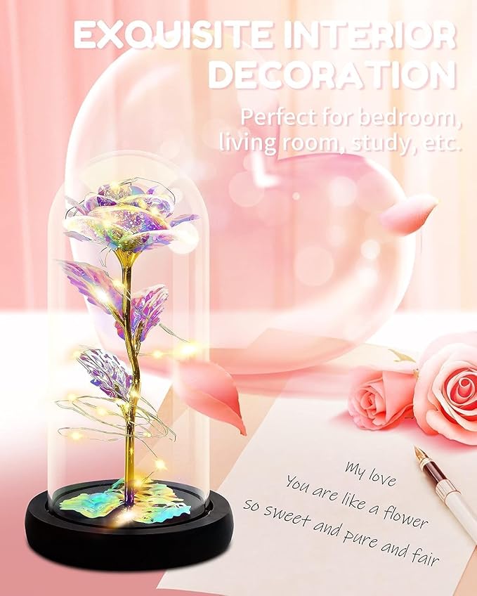 Rose Flower Gift, Rainbow Forever Rose in Glass Dome, Rose Light Up Flower, Personalized Gifts for Mom, Sisters, Friend, Women, Valentine's Day, Birthday, Wedding, Anniversary