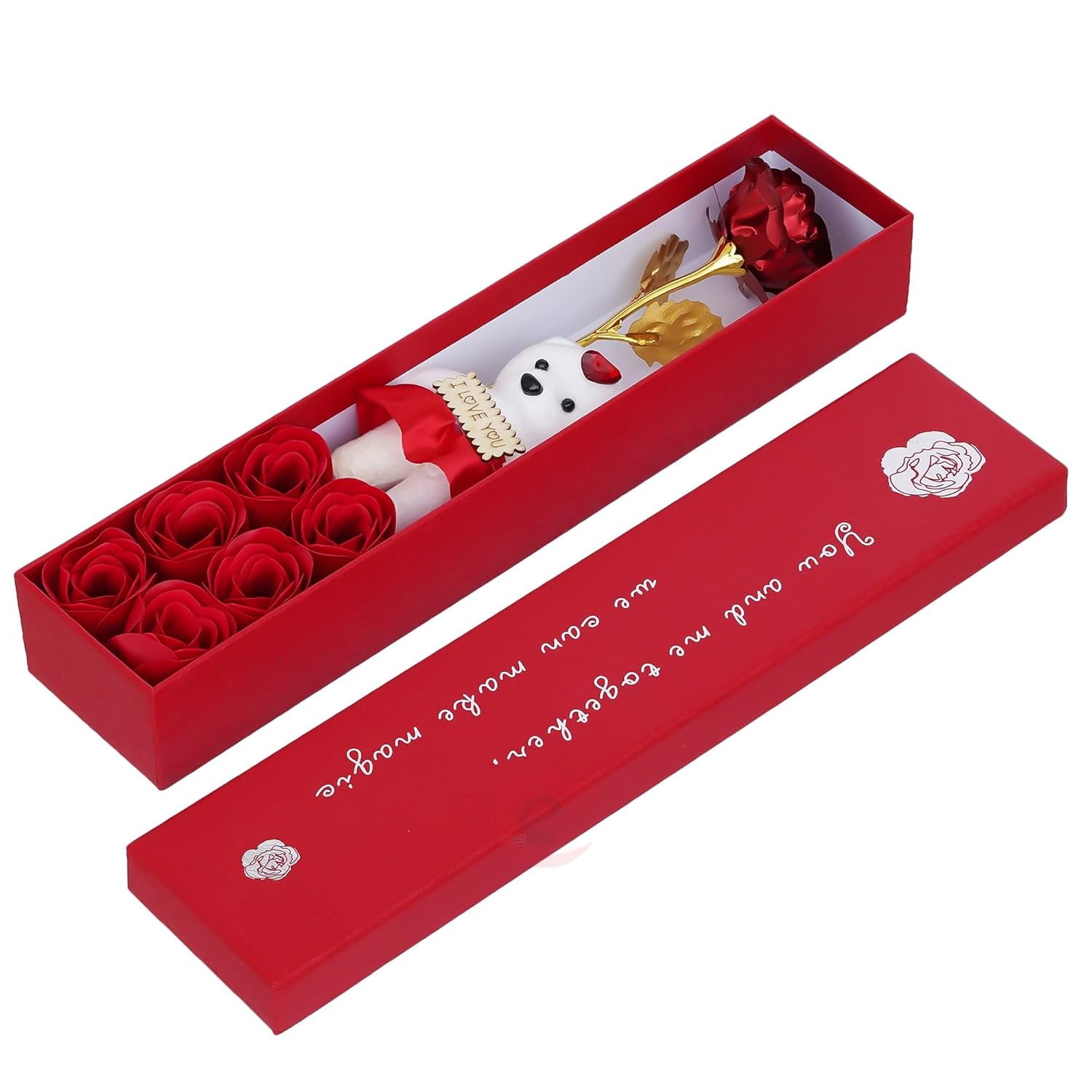 Red Valentine Day Gift Box with Teddy, Rose Showpiece, and 6 Flowers - Valentine Gift for Girlfriend Boyfriend Husband Wife - Valentine Day Gifts - Valentine Day Decoration Items