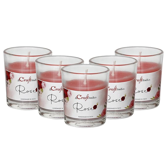 Glass Vanilla Scented Candles for Home Decor - Candles for Diwali Christmas Birthday Valentine's Day (Rose (Pack of 5))