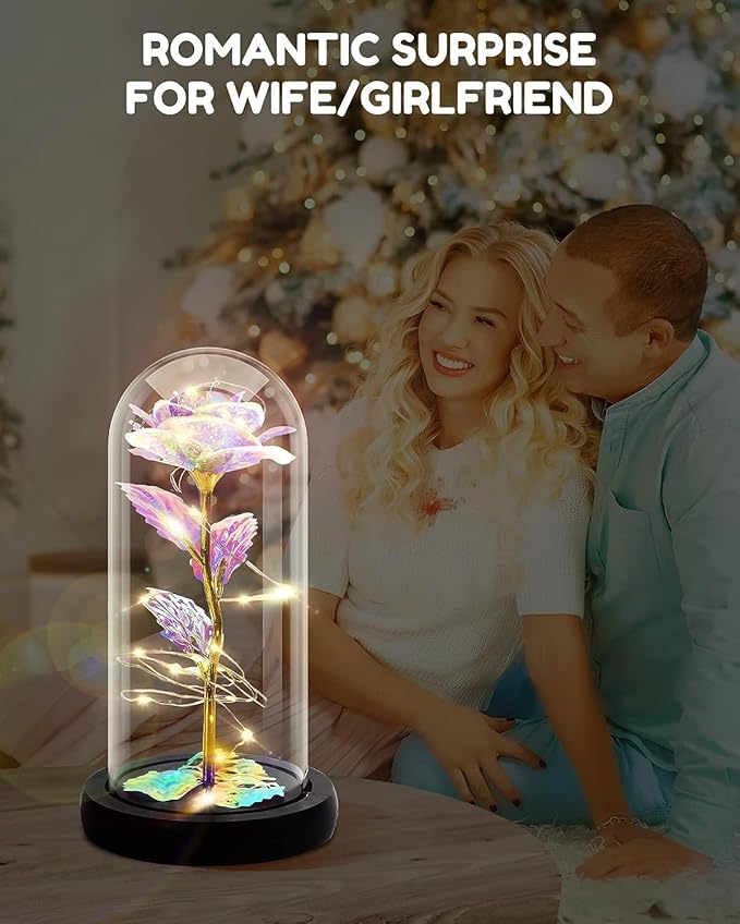 Rose Flower Gift, Rainbow Forever Rose in Glass Dome, Rose Light Up Flower, Personalized Gifts for Mom, Sisters, Friend, Women, Valentine's Day, Birthday, Wedding, Anniversary