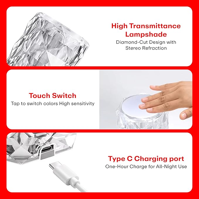 Crystal Lamp,16 Color Changing Rose Crystal Diamond Table Lamp,USB Rechargeable Touch Bedside Lamp Night Light with Remote Control, for Bedroom Living Room Party Dinner Decor