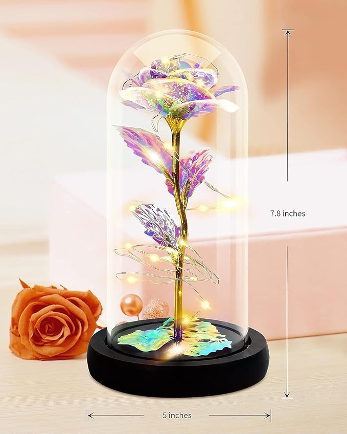 Rose Flower Gift, Rainbow Forever Rose in Glass Dome, Rose Light Up Flower, Personalized Gifts for Mom, Sisters, Friend, Women, Valentine's Day, Birthday, Wedding, Anniversary