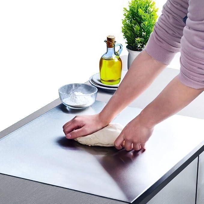 Stainless Steel Chopping Board with Lip for Kitchen | Free Rollin Pin | Non Slip| Rust Proof | Easy to use| Round Edge| For Cutting Vegetables, Meat,Fish,Fruits | Medium |