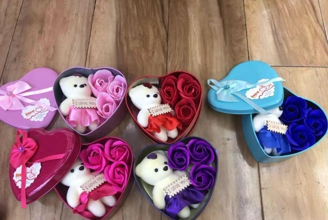 Gift Vista Artificial Red Rose & Teddy Bear in Heart Shape Metal Gift Box | Valentine Gifts