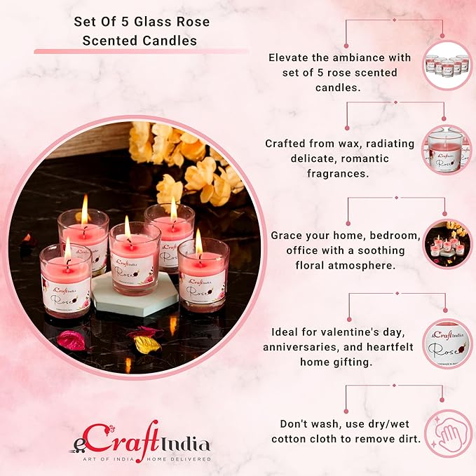 Glass Vanilla Scented Candles for Home Decor - Candles for Diwali Christmas Birthday Valentine's Day (Rose (Pack of 5))