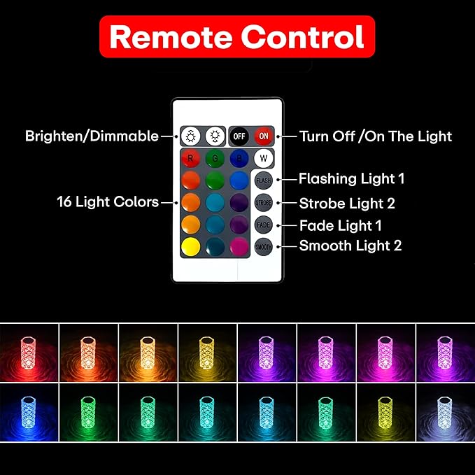 Crystal Lamp,16 Color Changing Rose Crystal Diamond Table Lamp,USB Rechargeable Touch Bedside Lamp Night Light with Remote Control, for Bedroom Living Room Party Dinner Decor