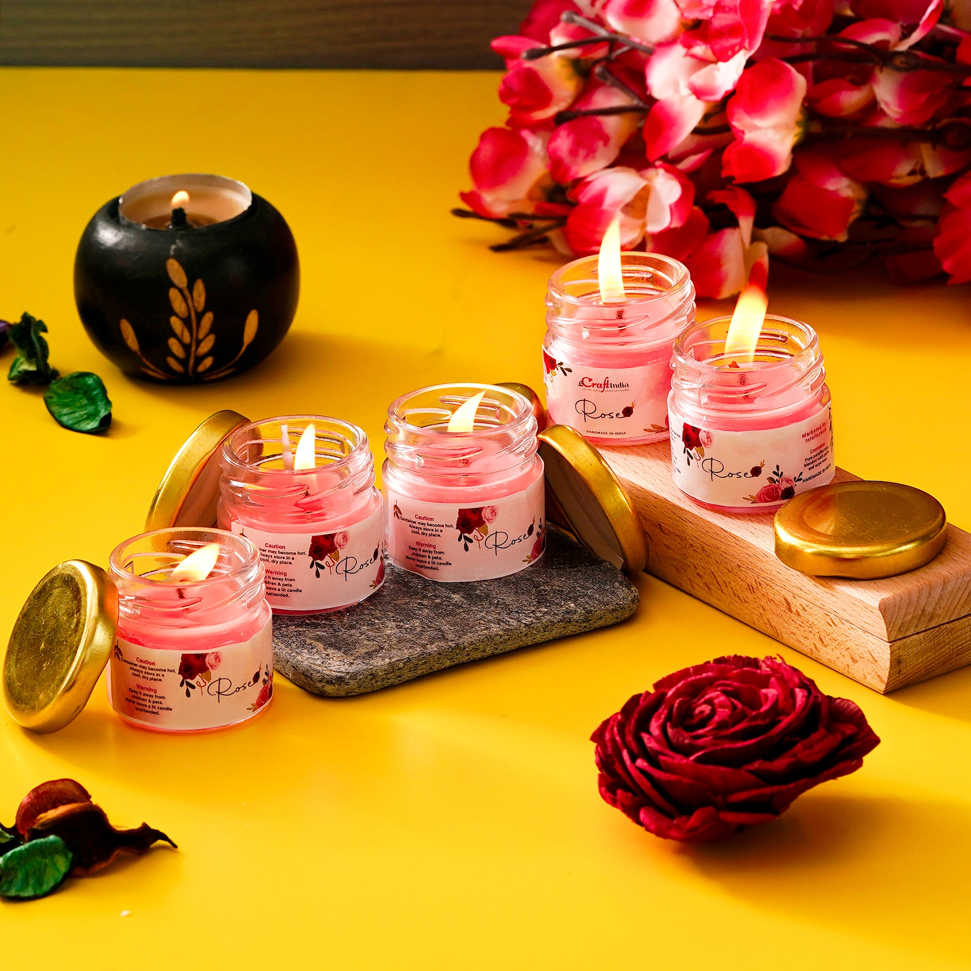 Glass Vanilla Scented Candles for Home Decor - Candles for Diwali Christmas Birthday Valentine's Day (Rose (Pack of 5))