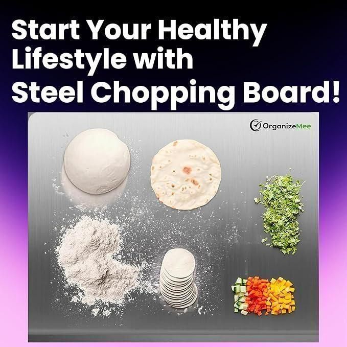 Stainless Steel Chopping Board with Lip for Kitchen | Free Rollin Pin | Non Slip| Rust Proof | Easy to use| Round Edge| For Cutting Vegetables, Meat,Fish,Fruits | Medium |