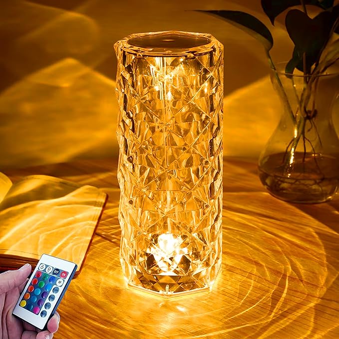 Crystal Lamp,16 Color Changing Rose Crystal Diamond Table Lamp,USB Rechargeable Touch Bedside Lamp Night Light with Remote Control, for Bedroom Living Room Party Dinner Decor
