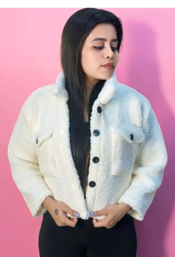 Latest Style Trendy Crop Wool Short Fancy crop Hood For Women's White Furry Jacket