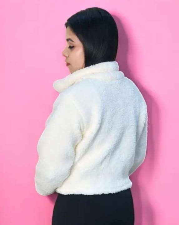 Latest Style Trendy Crop Wool Short Fancy crop Hood For Women's White Furry Jacket